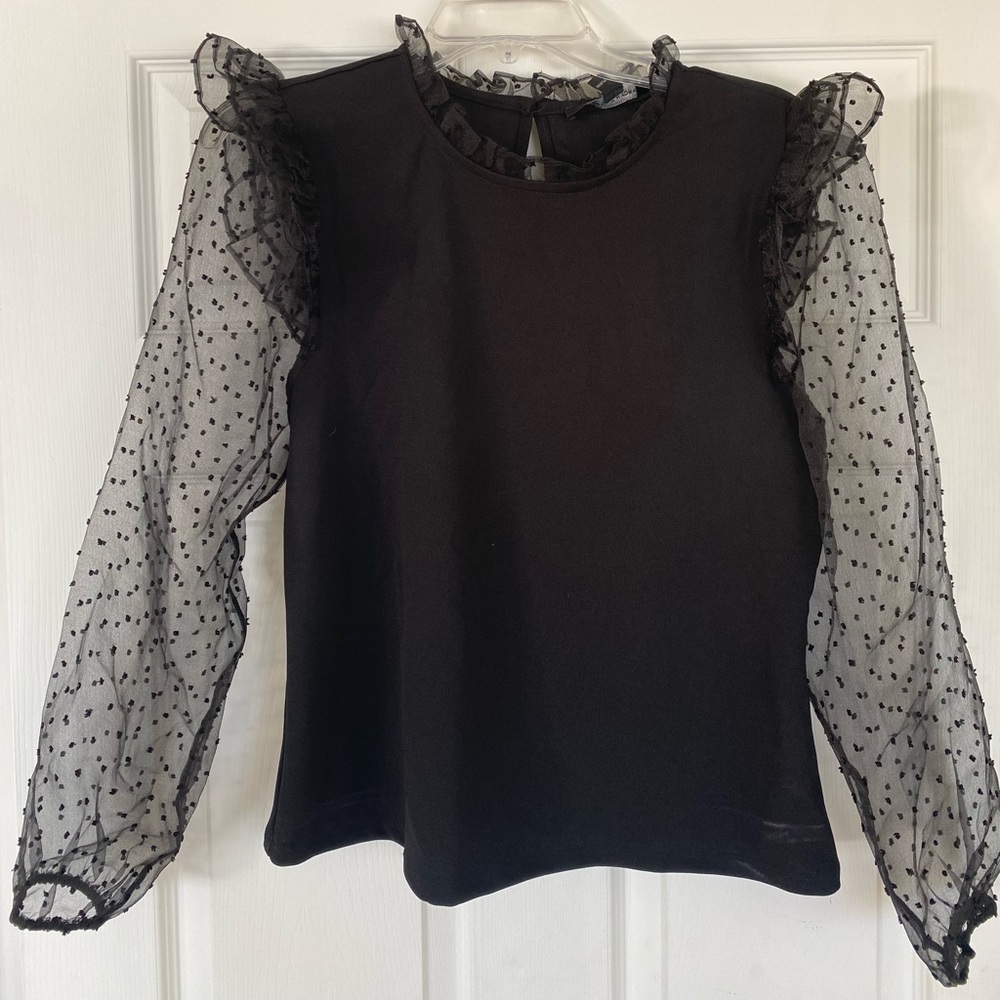 Marc New York Black Blouse with Sheer Polka Dot Sleeves